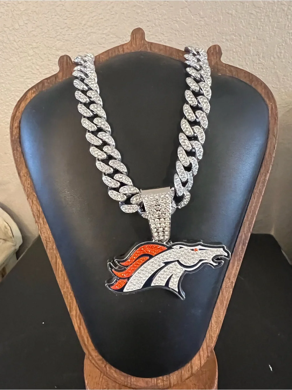 Denver Broncos Gem Chain Iced Out Pendant Silver NFL Fan Necklace